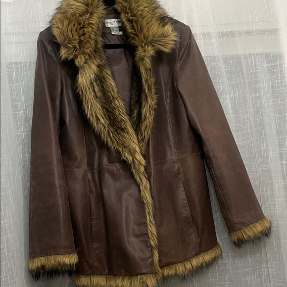 Vintage Newport News brown leather faux fur penny lane coat size Large - Picture 3 of 15